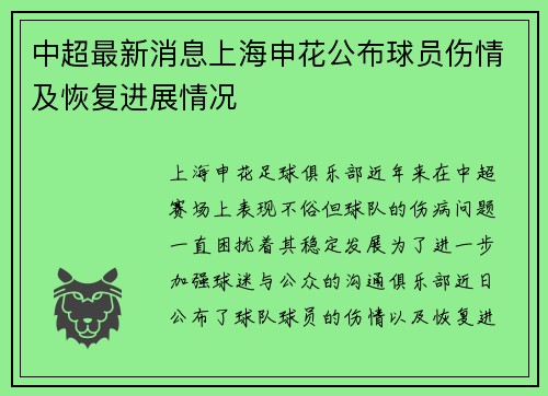 中超最新消息上海申花公布球员伤情及恢复进展情况 中超最新消息上海申花公布球员伤情及恢复进展情况