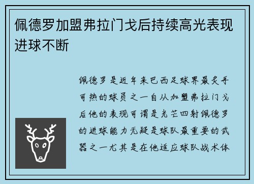 佩德罗加盟弗拉门戈后持续高光表现进球不断