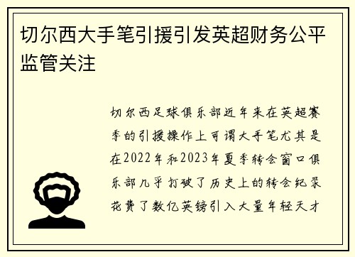 切尔西大手笔引援引发英超财务公平监管关注