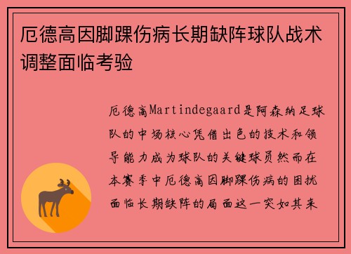 厄德高因脚踝伤病长期缺阵球队战术调整面临考验